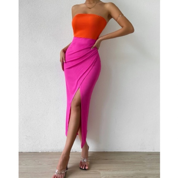 Boho color block slit thigh tube dress - Picture 5 of 7